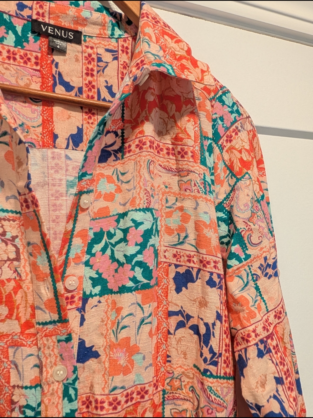 VENUS Women's Coral Floral Patchwork Collared Shirt Dress Linen blend Size 4 - Picture 6 of 11